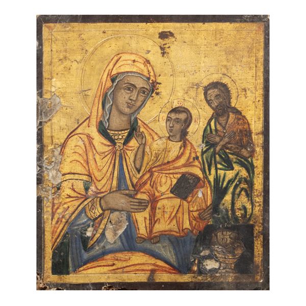 Icon depicting Madonna with Child and Saint John the Baptist