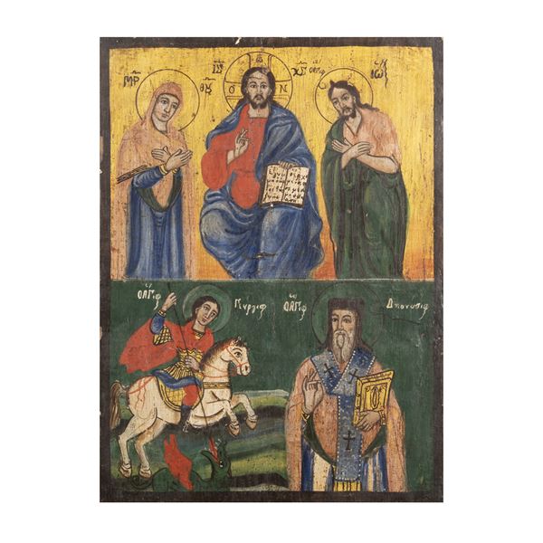 Icon depicting Deesis with Saint George and Saint Nicholas