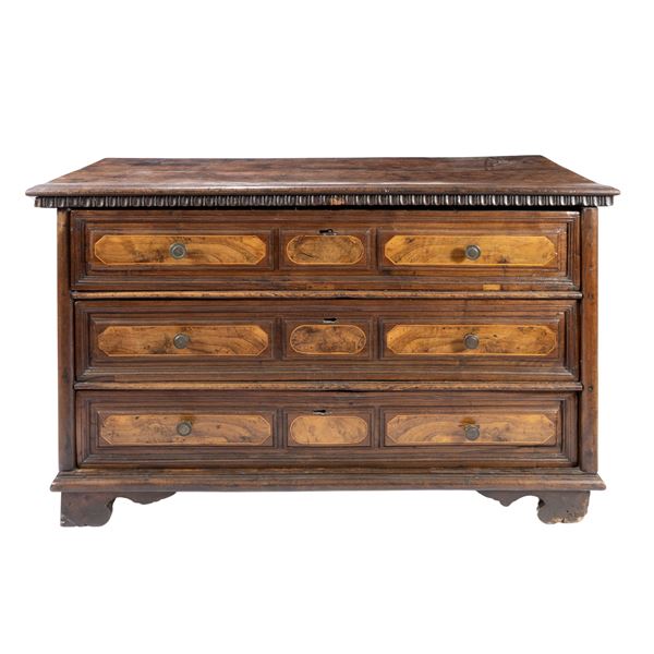 Wood and walnut root chest of drawers