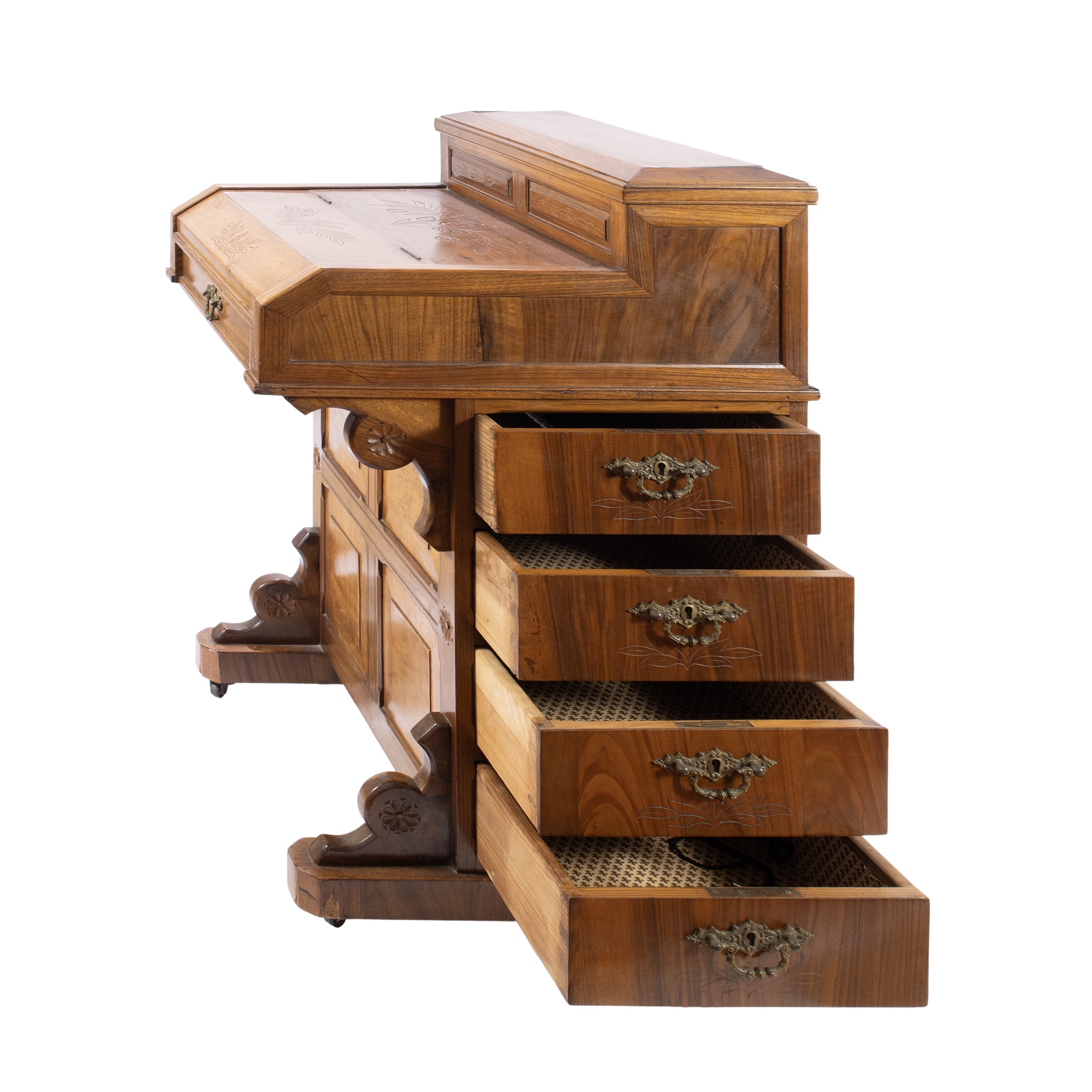 Scrittoio Davenport, legno con ripiano in tessuto, XIX - XX Sec.