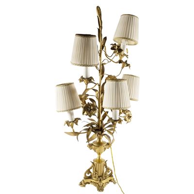 Lampada da tavolo a cinque luci in bronzo dorato, Francia XIX - XX Sec.