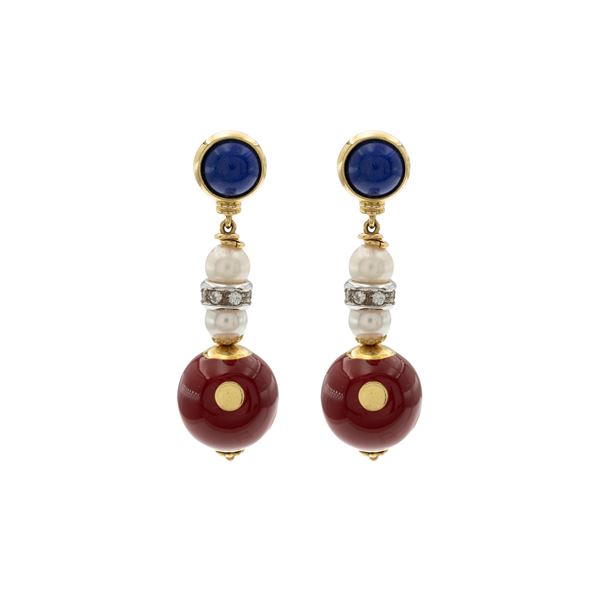 Orecchini sfere pendenti in oro giallo 18kt e smalto