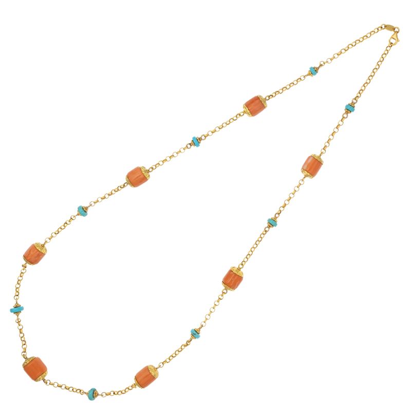 Collana in oro giallo 9kt corallo e turchesi