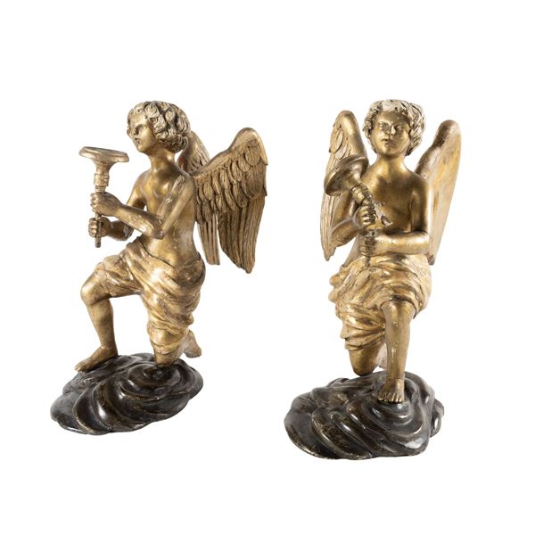 Pair of gilded wood candle holder sculptures  (Italy, 19th century)  - Auction FINE ART, ROMAN MARBLES, OLD MASTER AND 19th CENTURY PAINTINGS - II - Colasanti Casa d'Aste