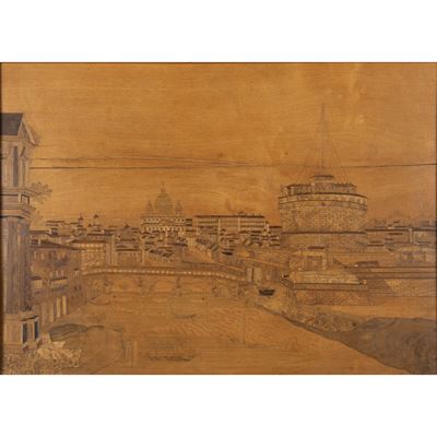 Pannello in legno intarsiato, Veduta di Roma con San Pietro e Castel Sant'Angelo