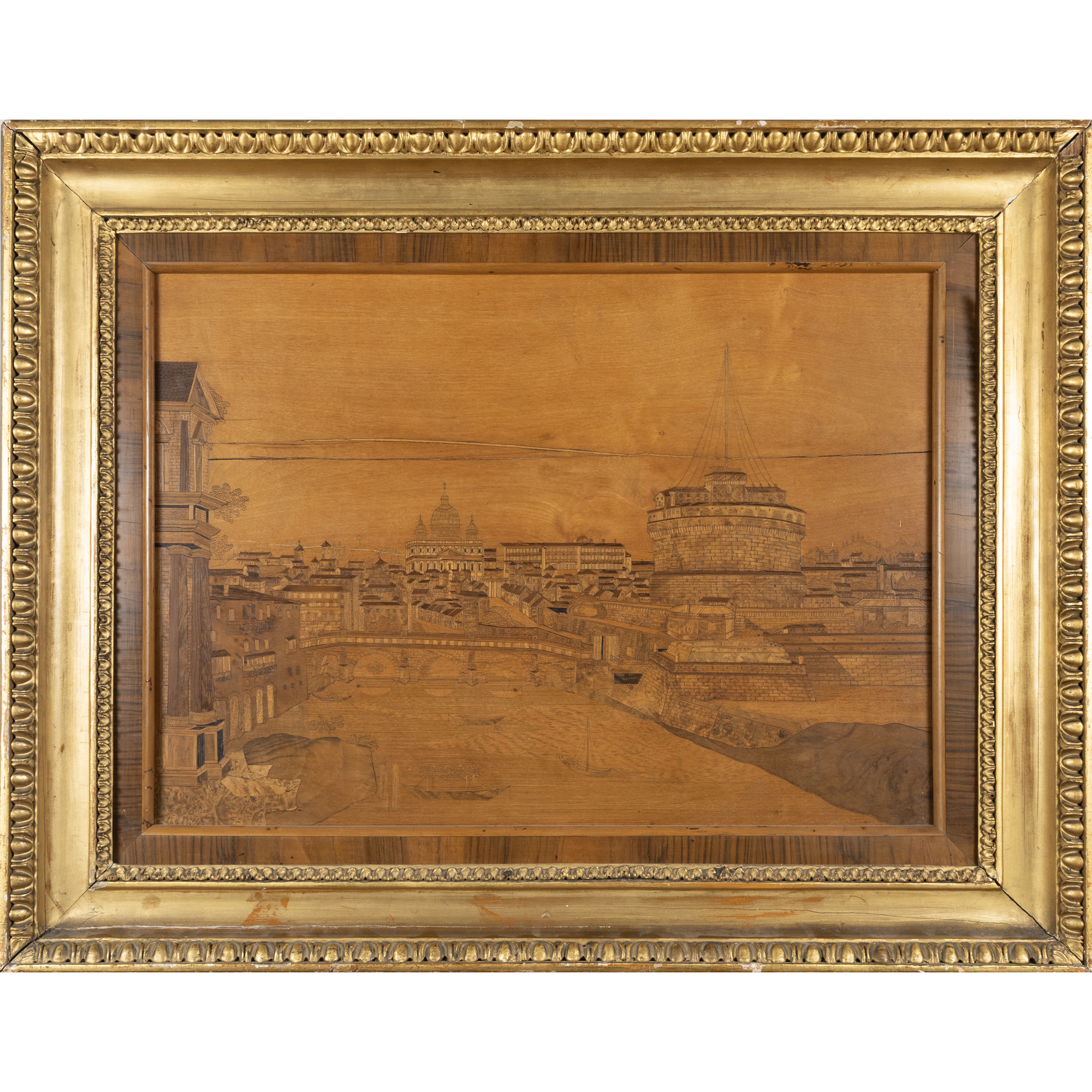 Pannello in legno intarsiato, Veduta di Roma con San Pietro e Castel Sant'Angelo