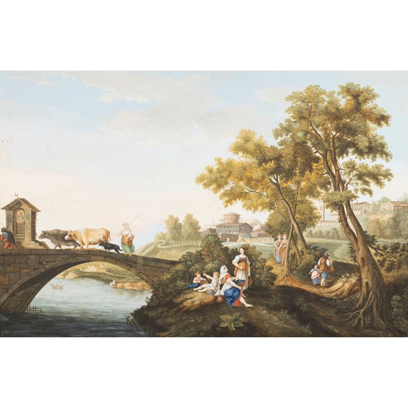 Cosimo Minucci, Paesaggio con ponte e figure, 1814, olio su carta applicata su tela