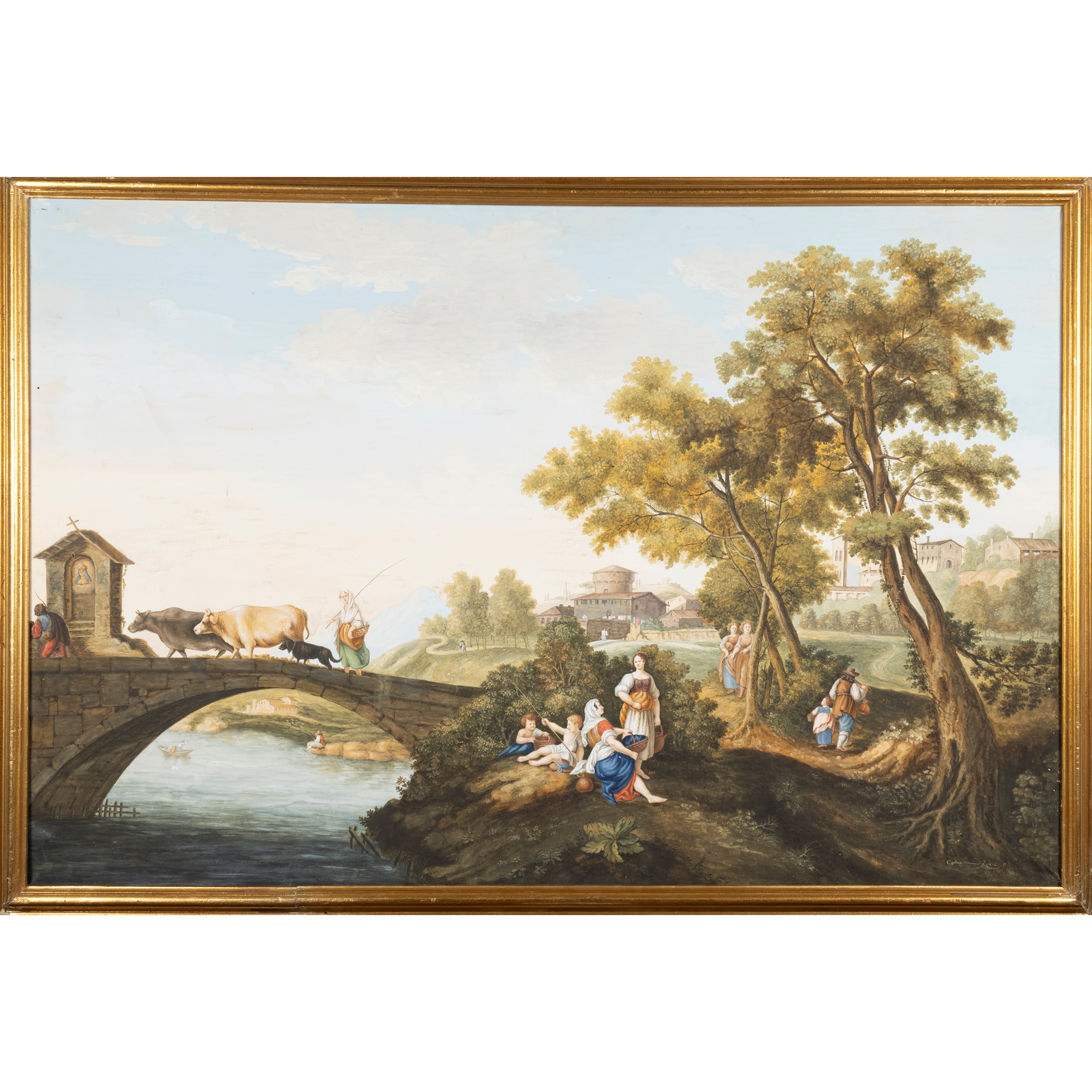 Cosimo Minucci, Paesaggio con ponte e figure, 1814, olio su carta applicata su tela
