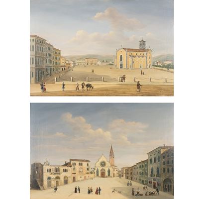 Pittore italiano, Vedute di piazze con architetture e figure, coppia di oli su carta applicati su...