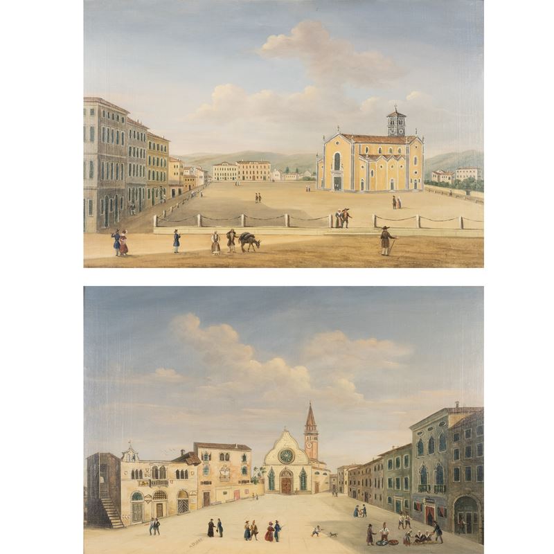 Pittore italiano, Vedute di piazze con architetture e figure, coppia di oli su carta applicati su...