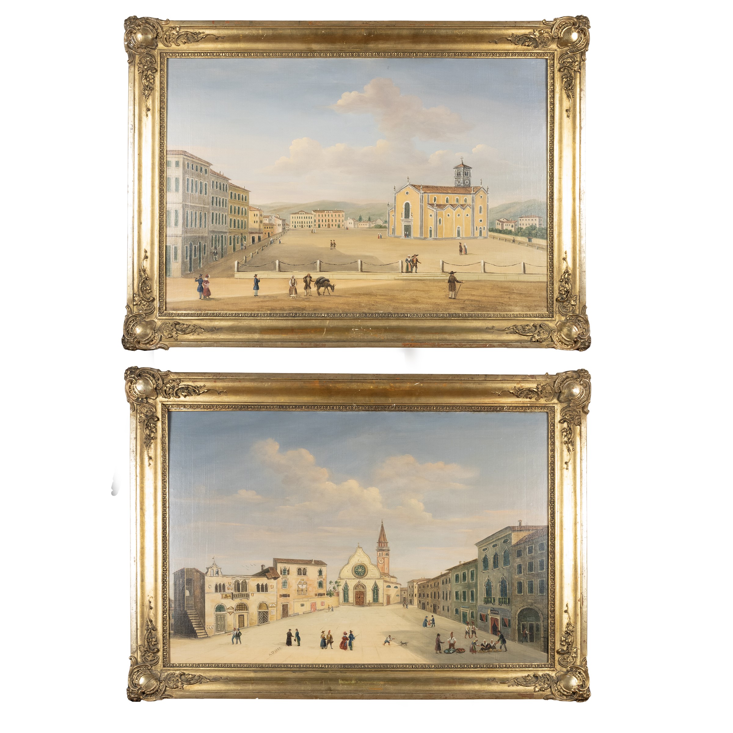 Pittore italiano, Vedute di piazze con architetture e figure, coppia di oli su carta applicati su...