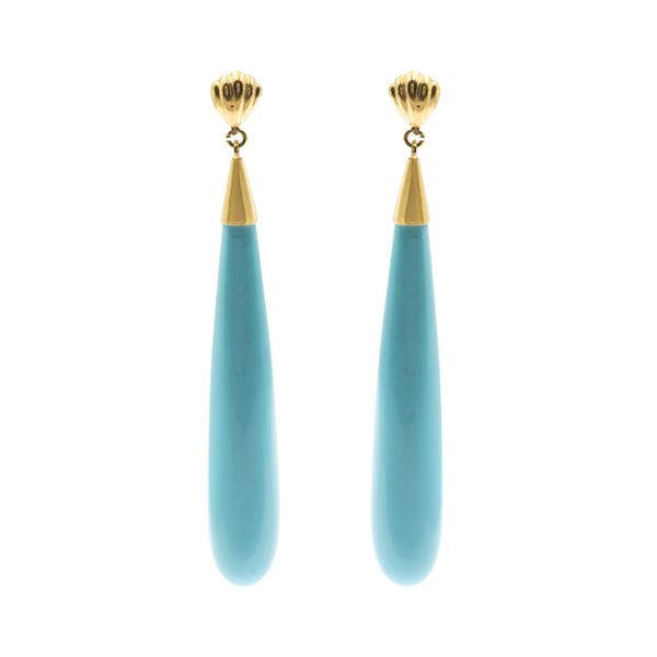 Orecchini pendenti in oro giallo 18kt con gocce in pasta di turchese