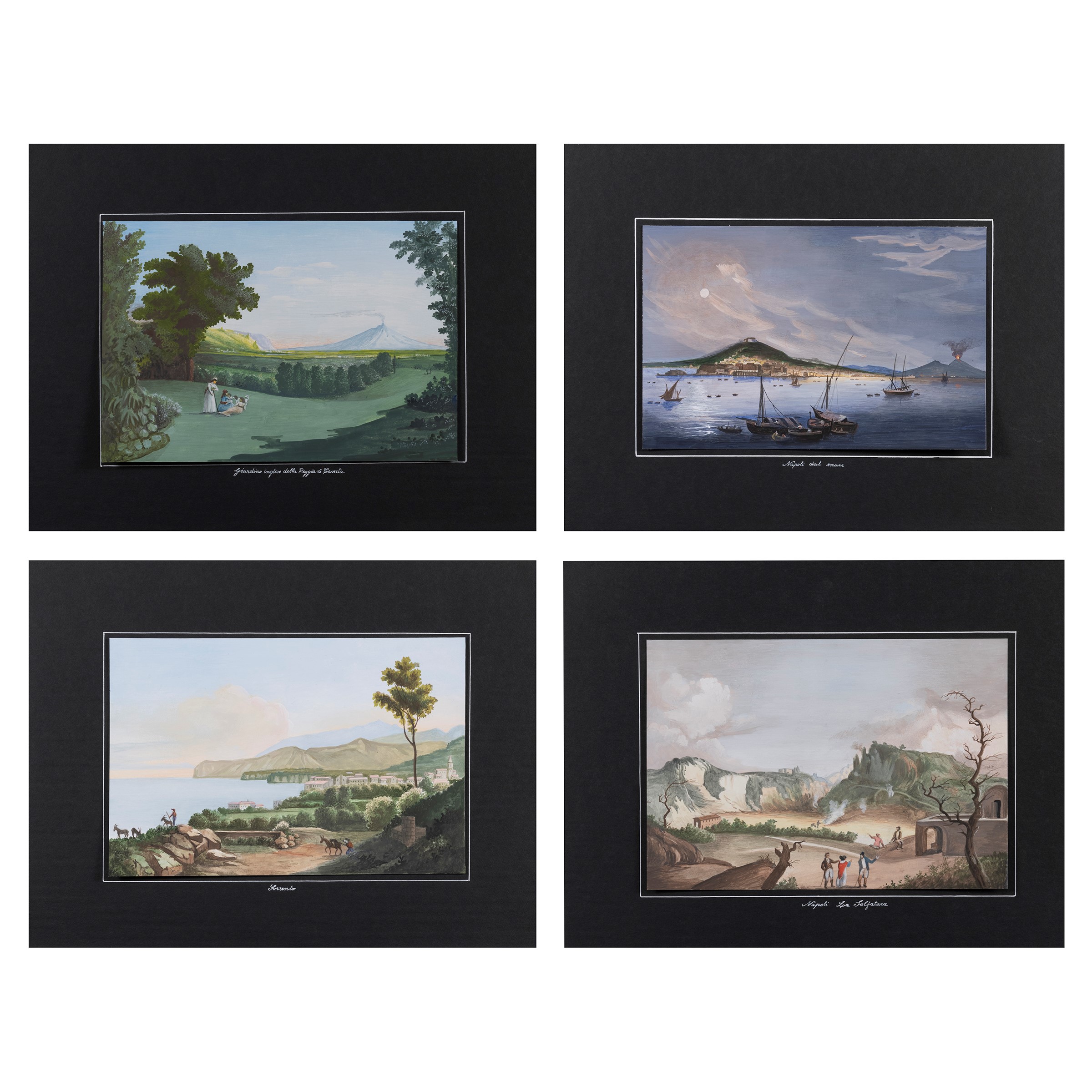 Scuola Napoletana, Vedute di Napoli, Sorrento e Caserta, quattro gouaches su carta
