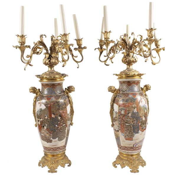 Pair of electrified porcelain Satsuma vases