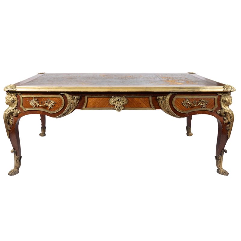 Grande bureau plat da centro in legno e bronzo dorato