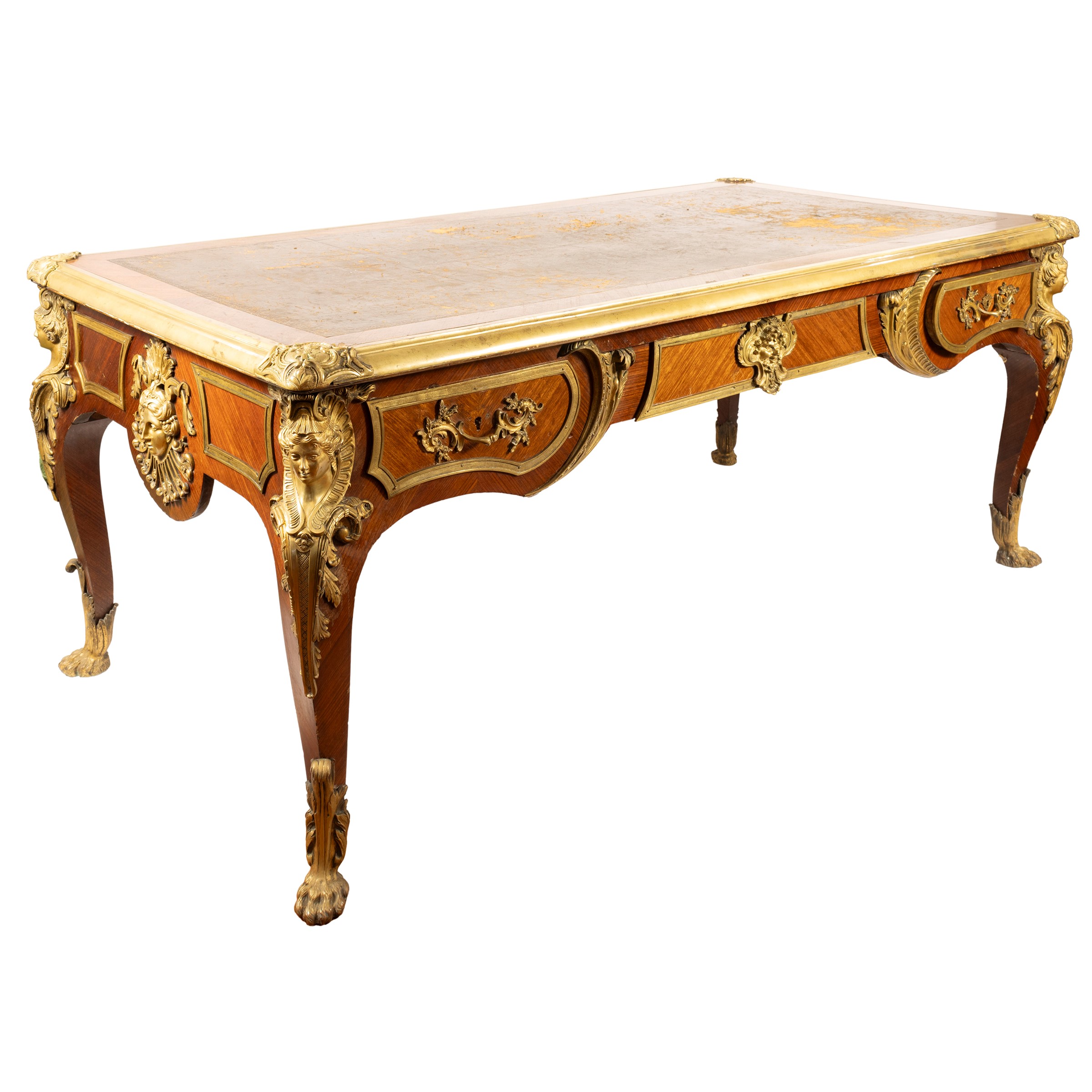 Grande bureau plat da centro in legno e bronzo dorato