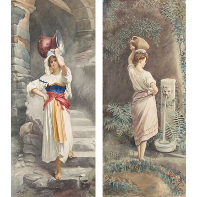 Antonio Coppola, "Popolane", coppia di acquerelli su carta