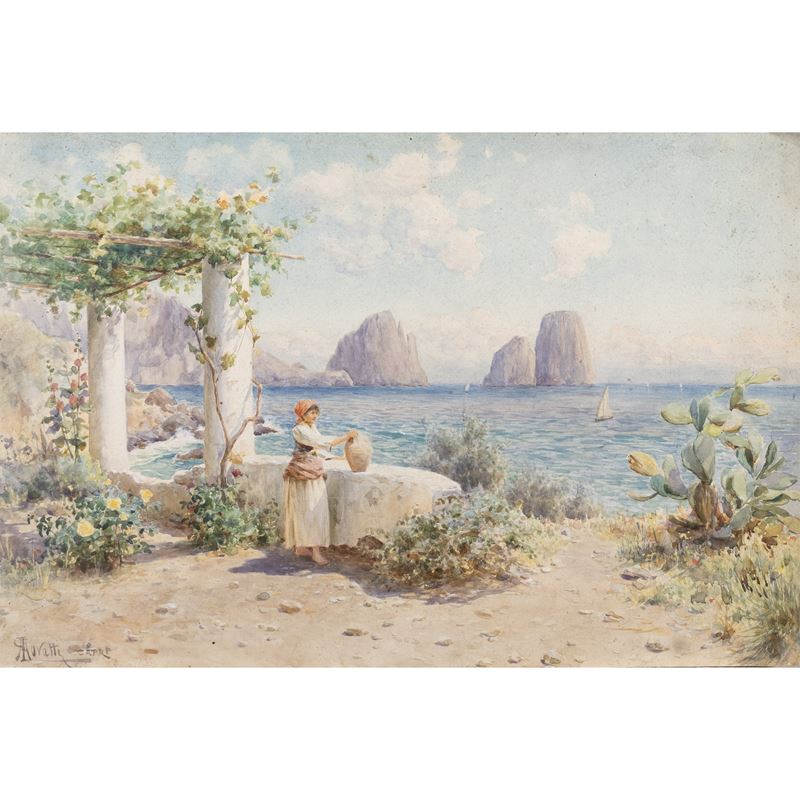 Augusto Lovatti, Veduta di Capri con i faraglioni, acquerello su carta