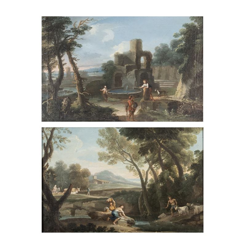 Giovanni Battista Busiri, Scene campestri con figure, coppia di oli su tela