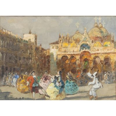 Erma Zago, Carnevale in piazza San Marco a Venezia, olio su tavoletta