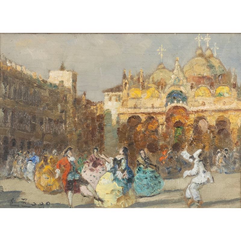 Erma Zago, Carnevale in piazza San Marco a Venezia, olio su tavoletta