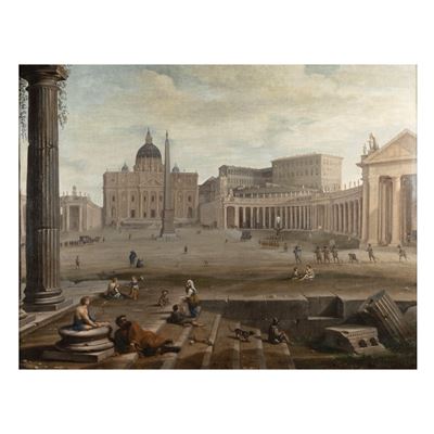 Jacob Van Huchtenburgh, Veduta di Piazza San Pietro con figure, olio su tela