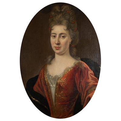 Scuola Francese, Ritratto di nobildonna, olio su tela ovale