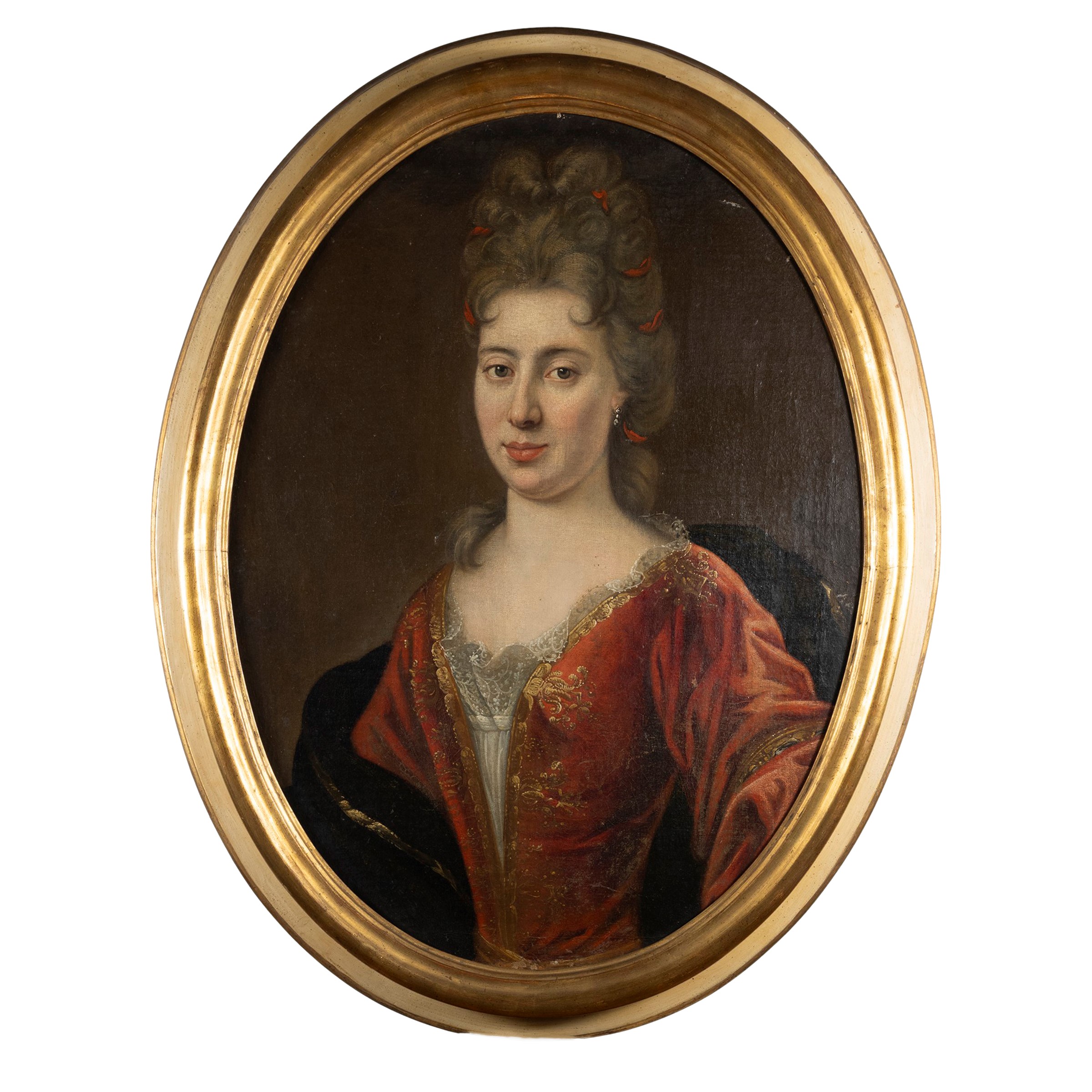 Scuola Francese, Ritratto di nobildonna, olio su tela ovale