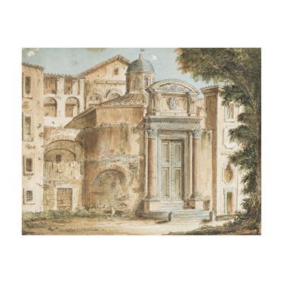 Pittore attivo a Roma, Veduta della chiesa di Santi Cosma e Damiano, acquerello su carta