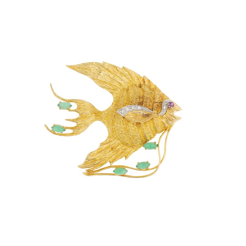 Spilla pesce in oro giallo e bianco 18kt