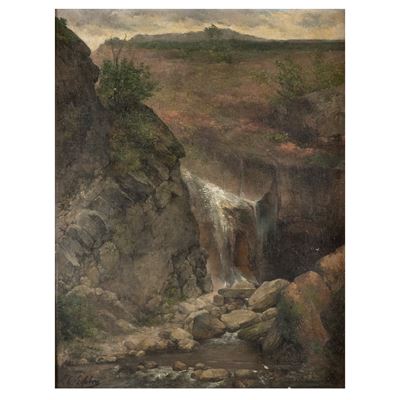 Autore sconosciuto, Paesaggio con cascata, olio su tela