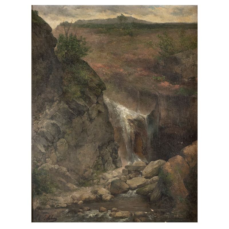 Autore sconosciuto, Paesaggio con cascata, olio su tela