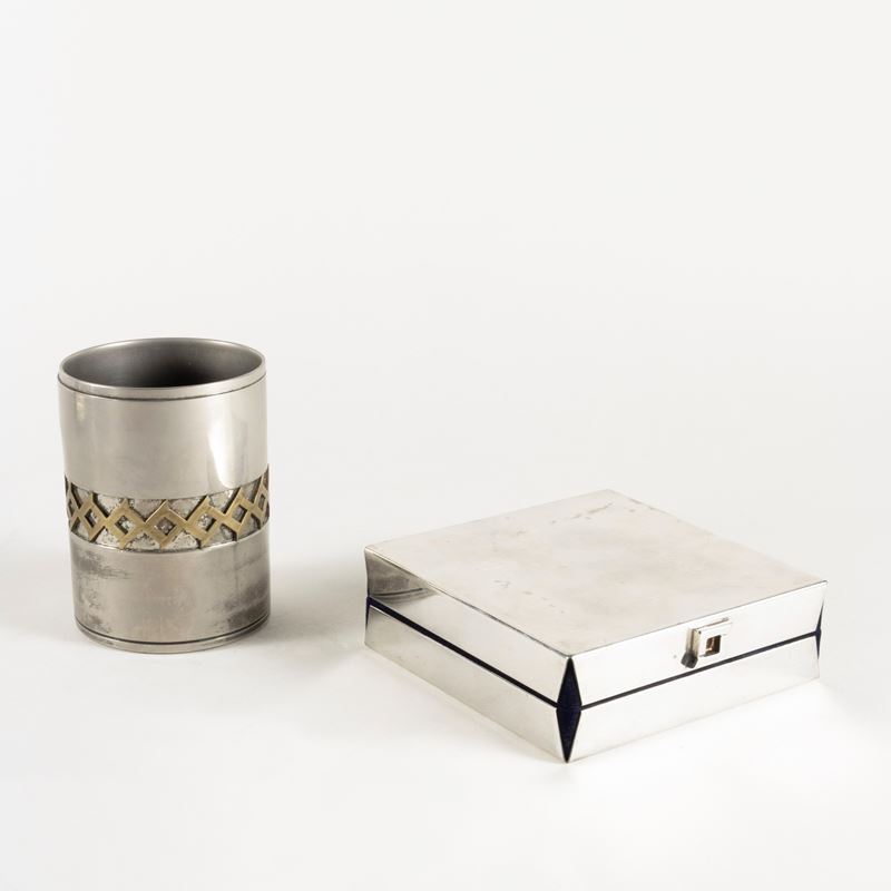 L. Benaglia, Set da scrivania in rame argentato e ottone, produzione Cleto Munari