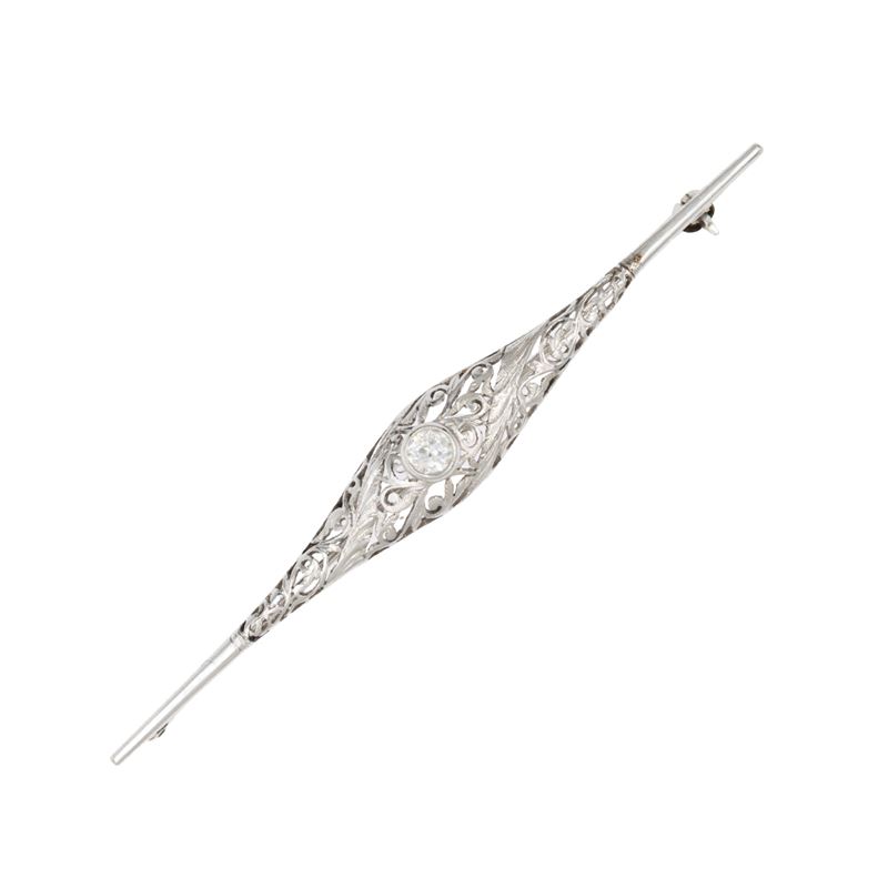 Antica spilla a barretta in oro bianco 18kt e diamante