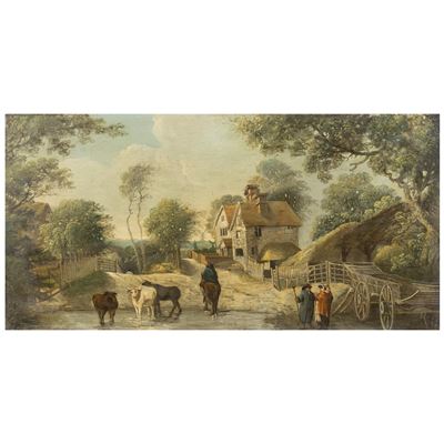Scuola Inglese, Paesaggio campestre con figure, olio su tavola