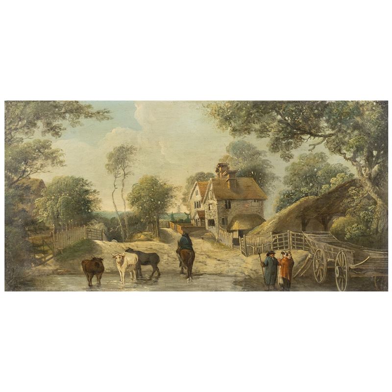 Scuola Inglese, Paesaggio campestre con figure, olio su tavola