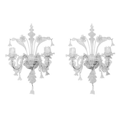 Coppia di appliques a due luci, vetro di Murano, XX secolo