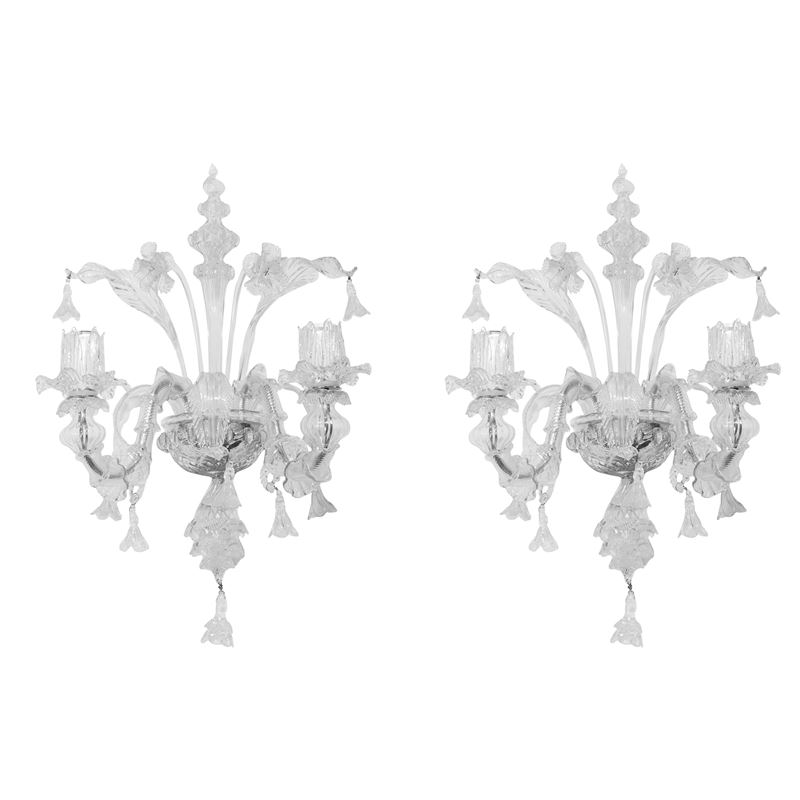 Coppia di appliques a due luci in vetro di Murano, XX secolo