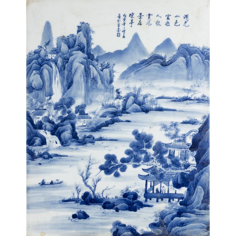 Placca retangolare in porcellana bianca e blu