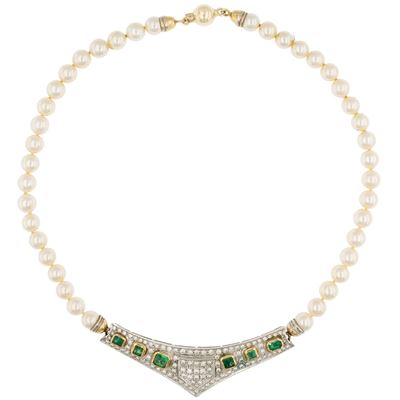 Collana in oro a due colori 18kt con perle coltivate e smeraldi