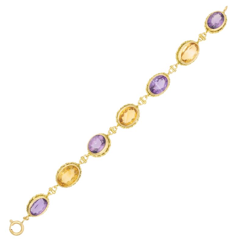 Bracciale in oro giallo 18kt con ametiste e quarzi citrini, lunghezza 20 cm