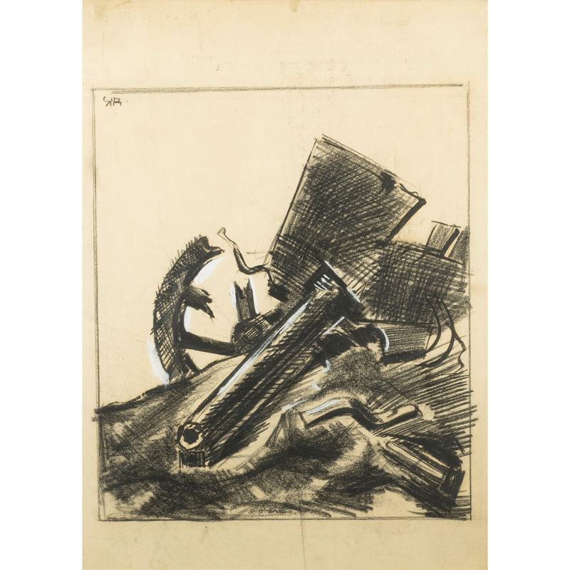 Mario Sironi - Il cannone - bozzetto per illustrazione, grafite, biacca e tempera su carta applic...