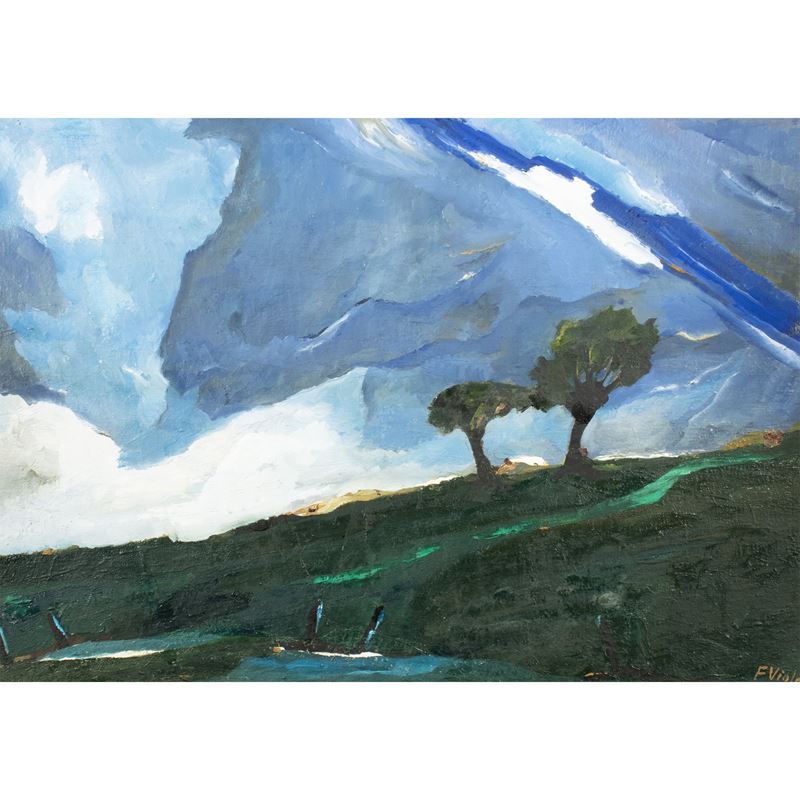 Franco Viola - Due ulivi, olio su tela entro cornice