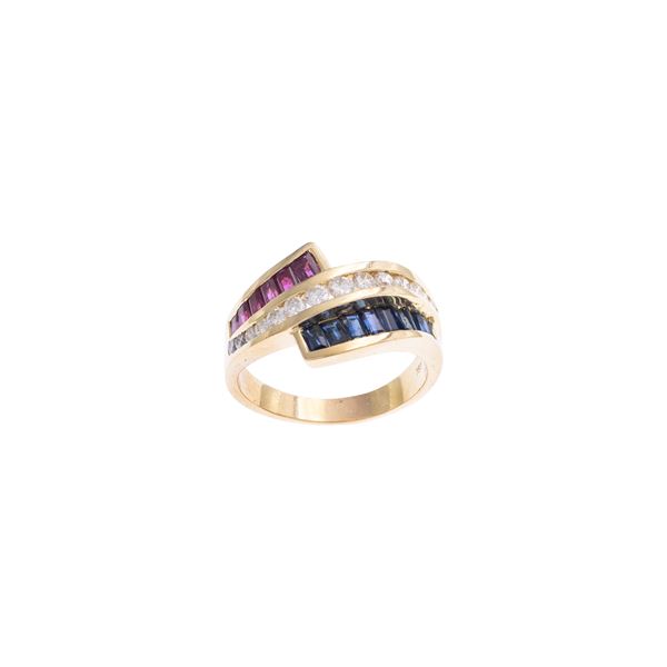 18kt yellow gold with sapphires, rubies and diamonds ring