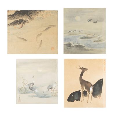 Kono Naotoyo Bairei, Paesaggi giapponesi con animali, quattro acquerelli su carta