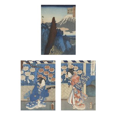 Utagawa Hiroshige II, Veduta del Monte Fuji con Personaggi Teatrali, tre xilografie a colori