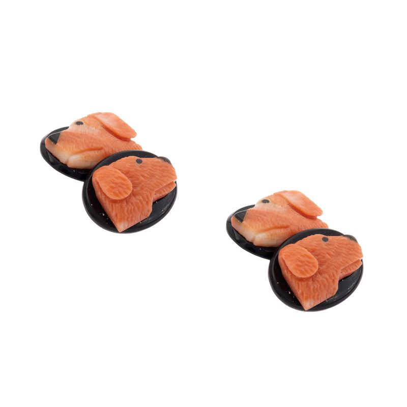 Gemelli in oro giallo 18kt onice nero e corallo scolpito