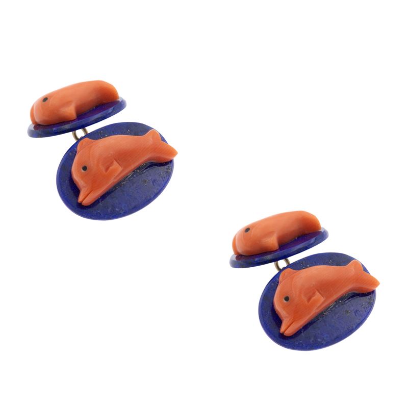 Gemelli in oro giallo 18kt lapislazzulo e corallo scolpito