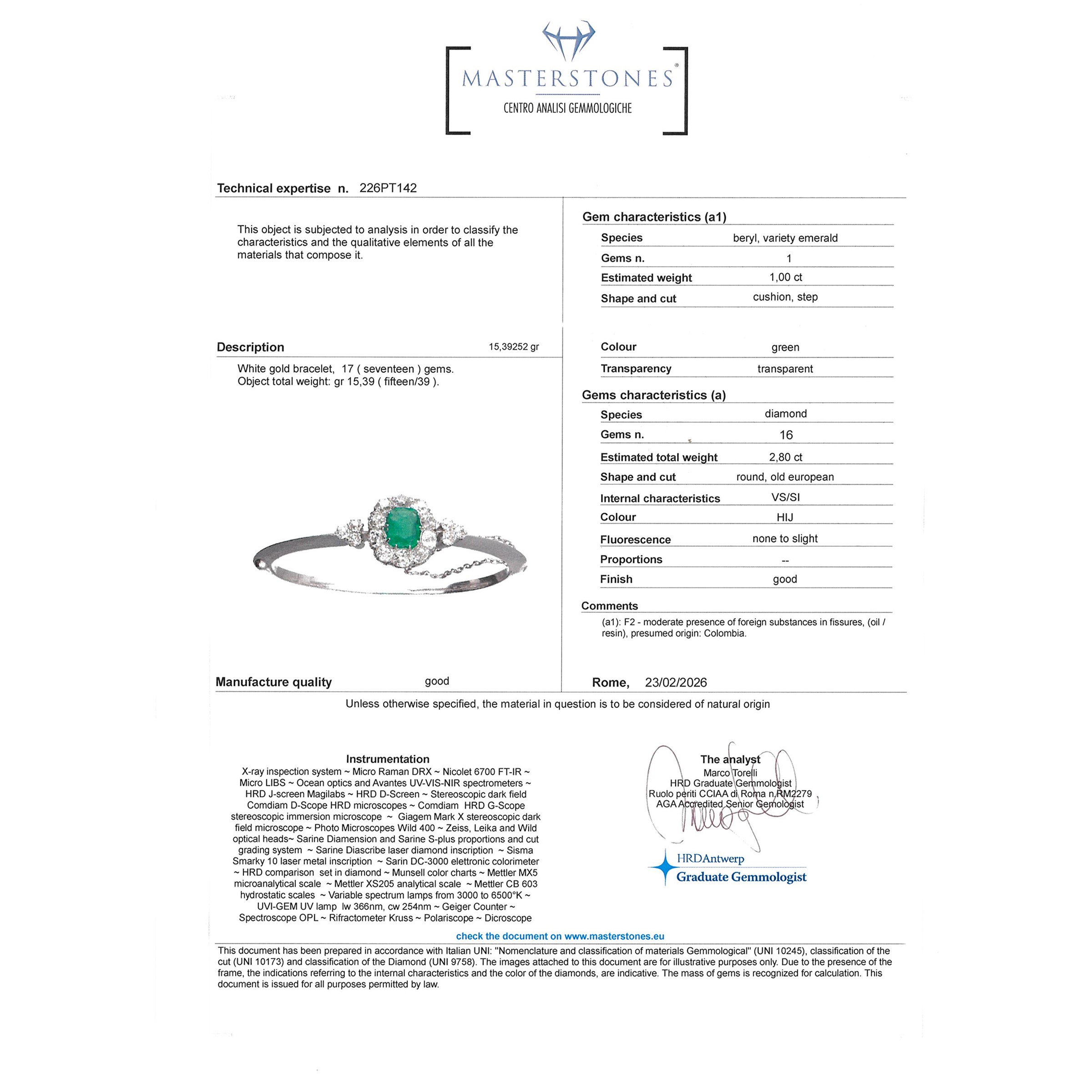 Bracciale a manetta in oro bianco 18 kt con smeraldo colombiano naturale e diamanti