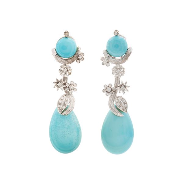 Orecchini pendenti in oro bianco 18kt turchesi naturali e diamanti